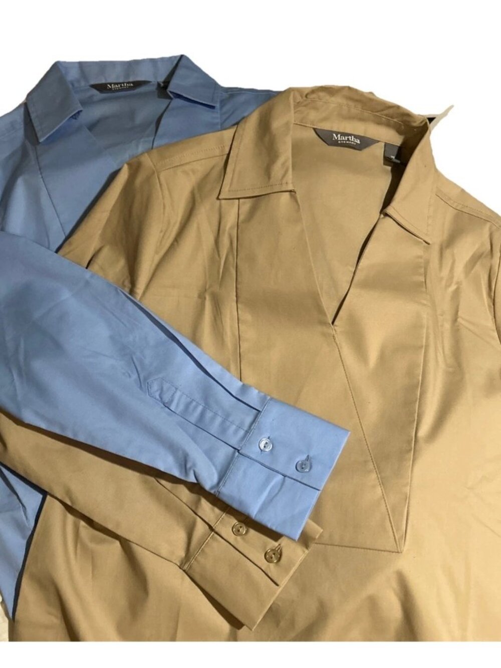 Martha Stewart Lillian Shirt Lot Stretch Poplin Collared Tunic Blue Tan XS - Picture 2 of 13